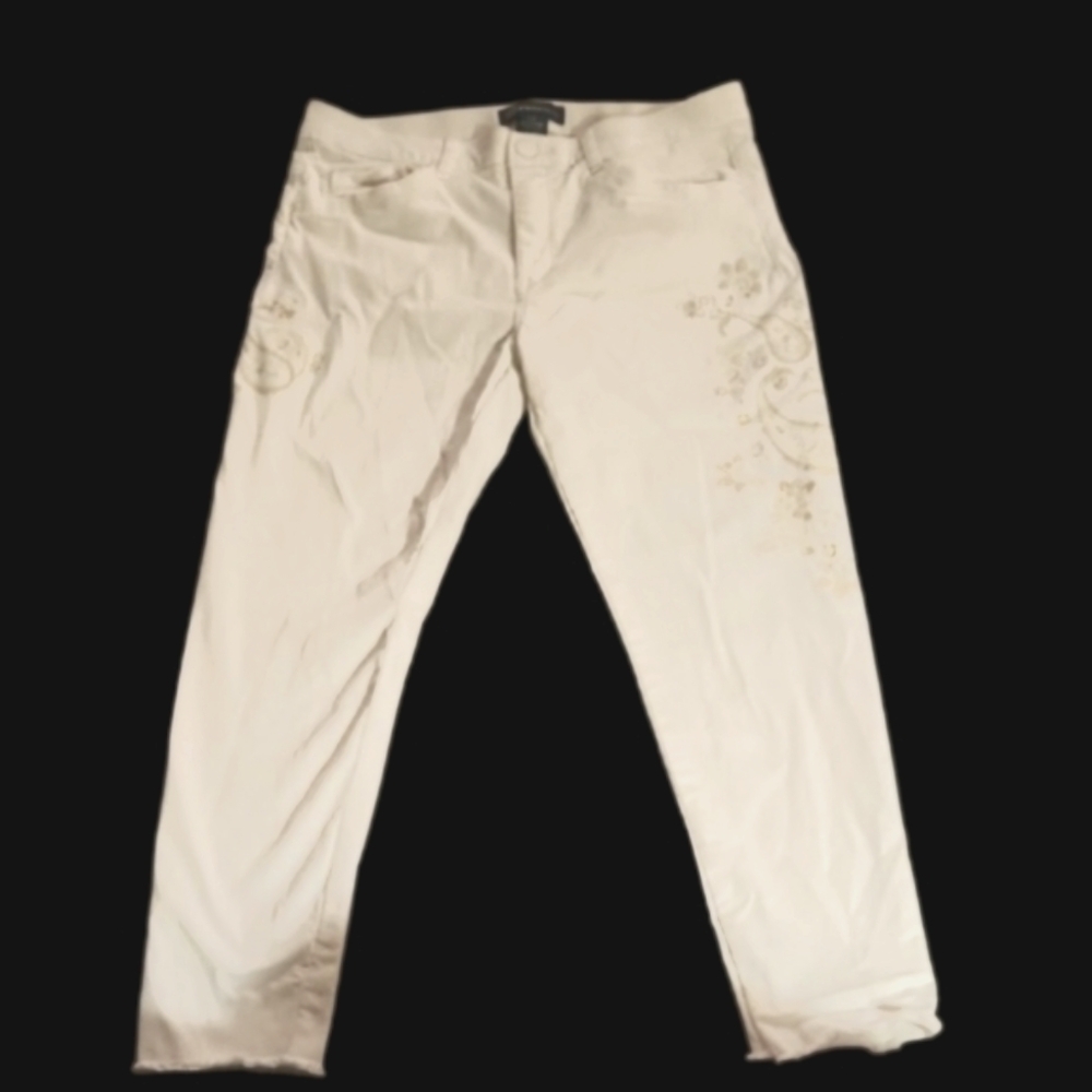 Ivory Floral Tan Embroidered Pants Y2k Raw Hem Jrs 12 Stretch Waist